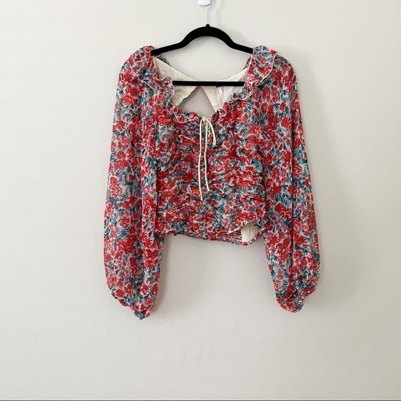 NWT FREE PEOPLE Mable Bustier Long Sleeve Sweetheart Floral Red Top XS - Picture 2 of 5